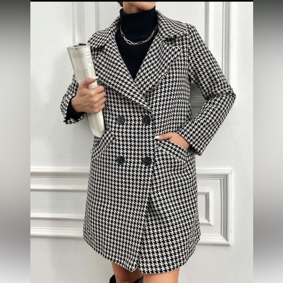 Houndstooth Tweed Double Breast Button Trench - Picture 3 of 5